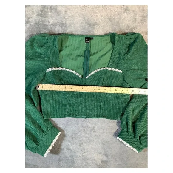 SHEIN MOD Green Corduroy Cropped Top Lace Trim Puff Sleeve L - Picture 3 of 6